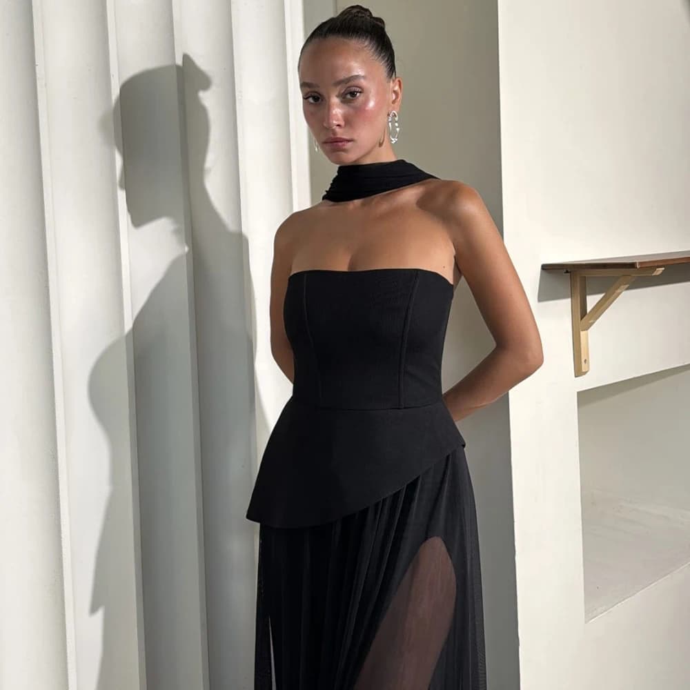 Abiti da ballo personalizzati da donna senza maniche con spacco alto, sexy, con sciarpa, senza spalline, a colonna, eleganti per feste formali