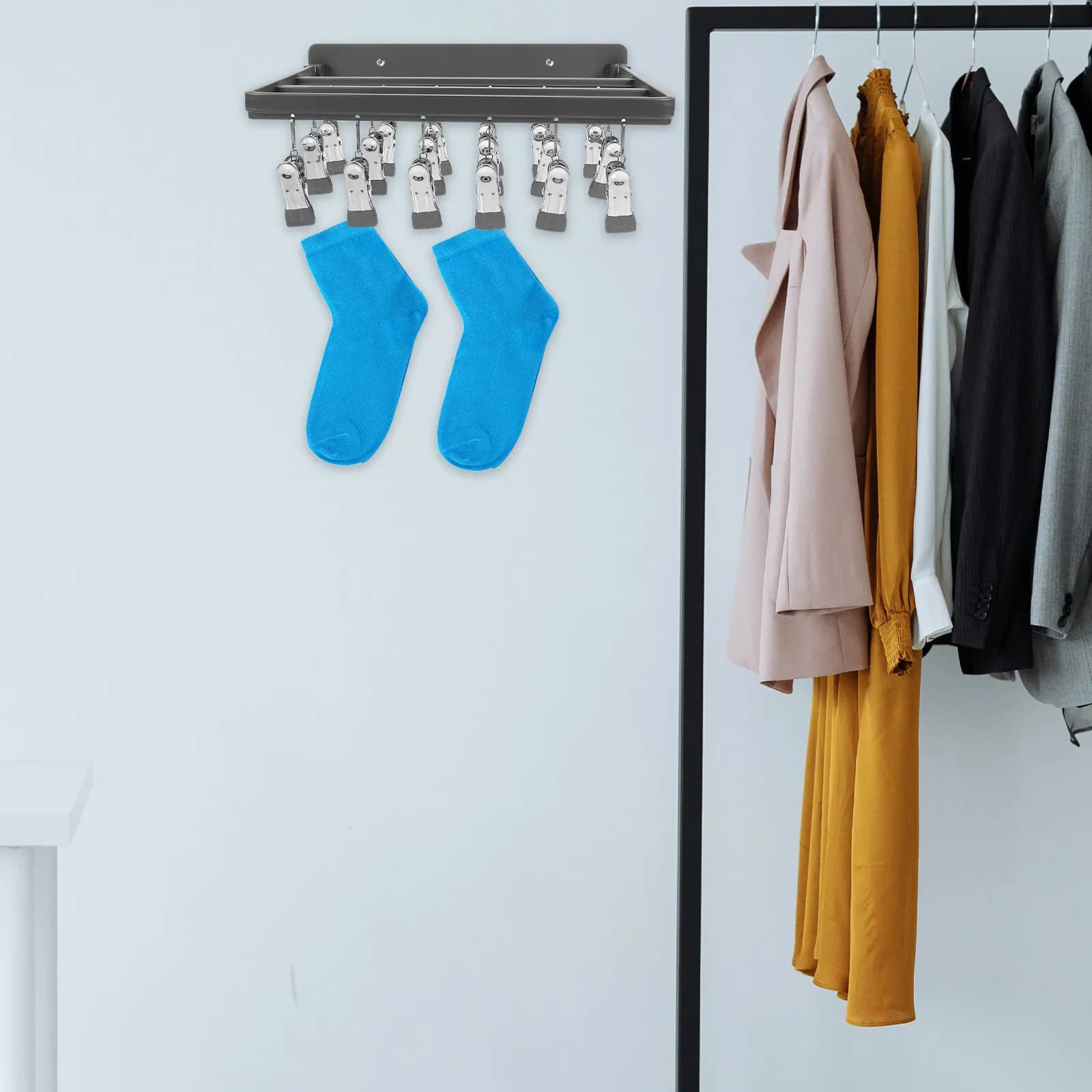 Multi-Clip Wall-Mounted Clothes Drying Rack Aluminum Space-Saving Laundry Hanger for Socks Underwear Hats Skirts Balcony Indoor