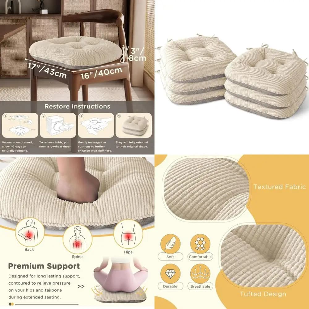 Set di 6 Cuscini per Sedie da Cucina Color Crema con Lacci, 17x16x3, Base Antiscivolo