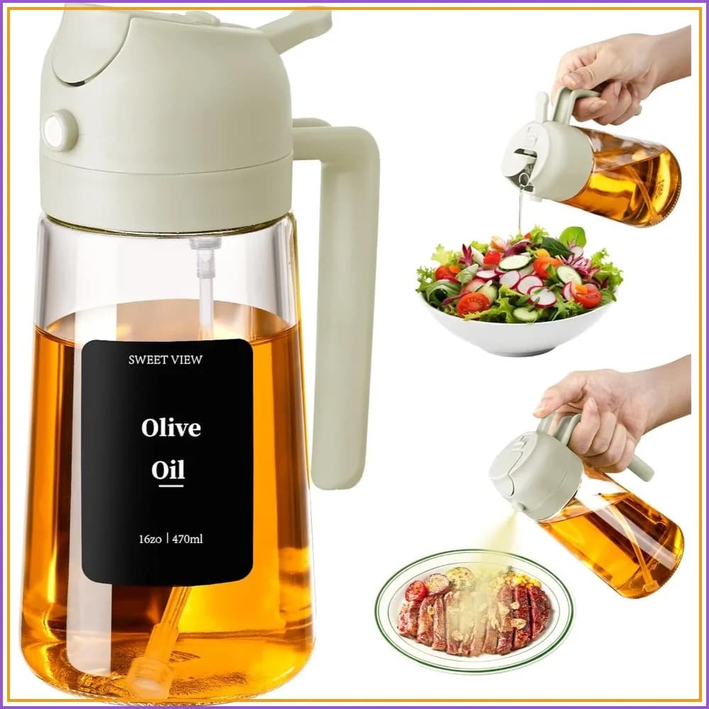 16oz Glass Oil Sprayer & Dispenser for Air Fryer, Salad, BBQ - 2-in-1 Kitchen Gadget