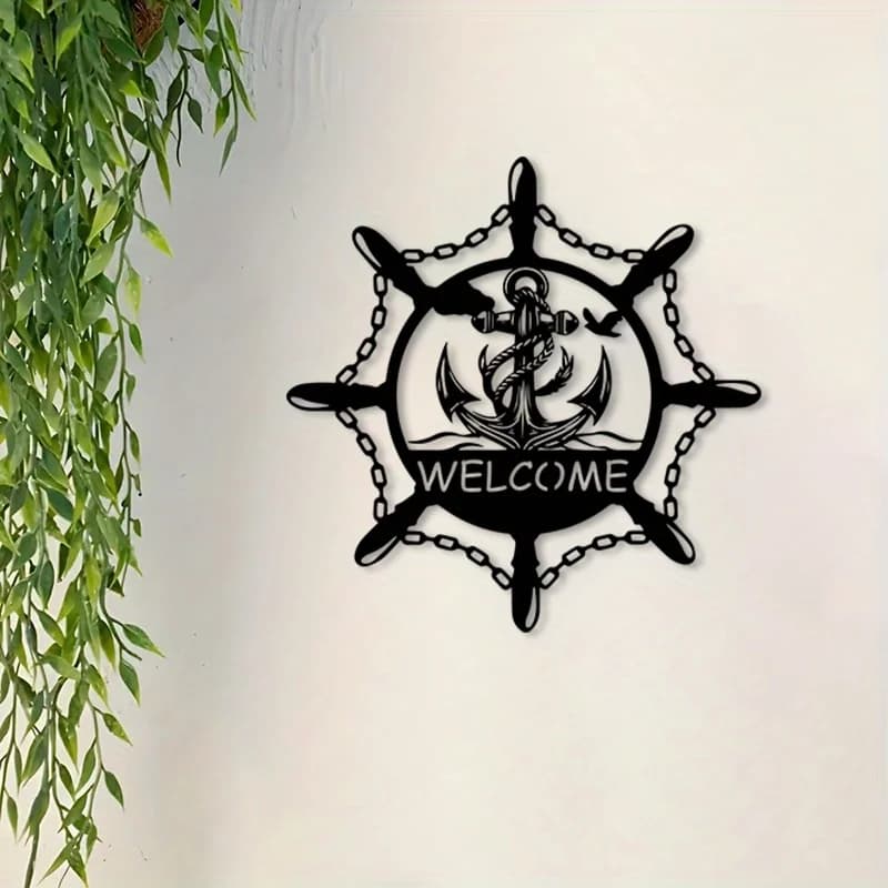CIFBUY Wrought Iron Anchor Compass Wall Decor Nautical Welcome Sign Rustic Coastal Art for Living Room Boat Office Ship Captain