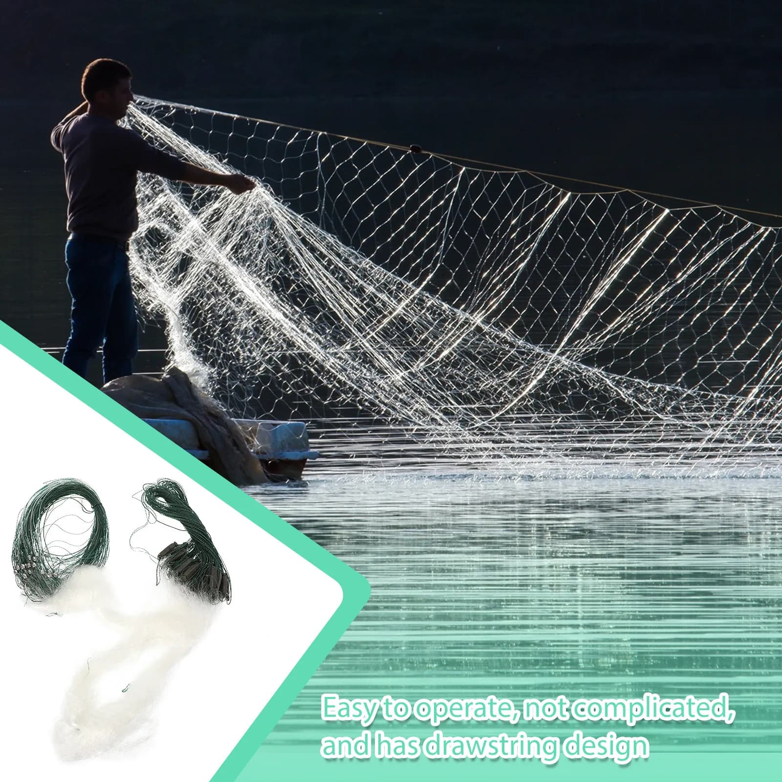 Rete da Pesca a Tre Strati in Nylon Monofilamento, Affondamento Rapido, Leggera e Comoda per Pescatori Principianti 1M X 20M
