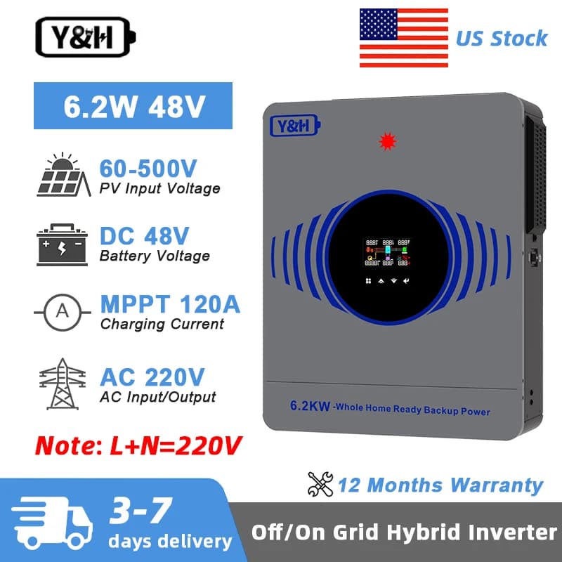 Inverter Solare Ibrido Y&H 6.2KW 4.2KW 2026 24V 48V 220V On/Off Grid con Funzionamento Senza Batteria e Caricatore Solare MPPT 120A