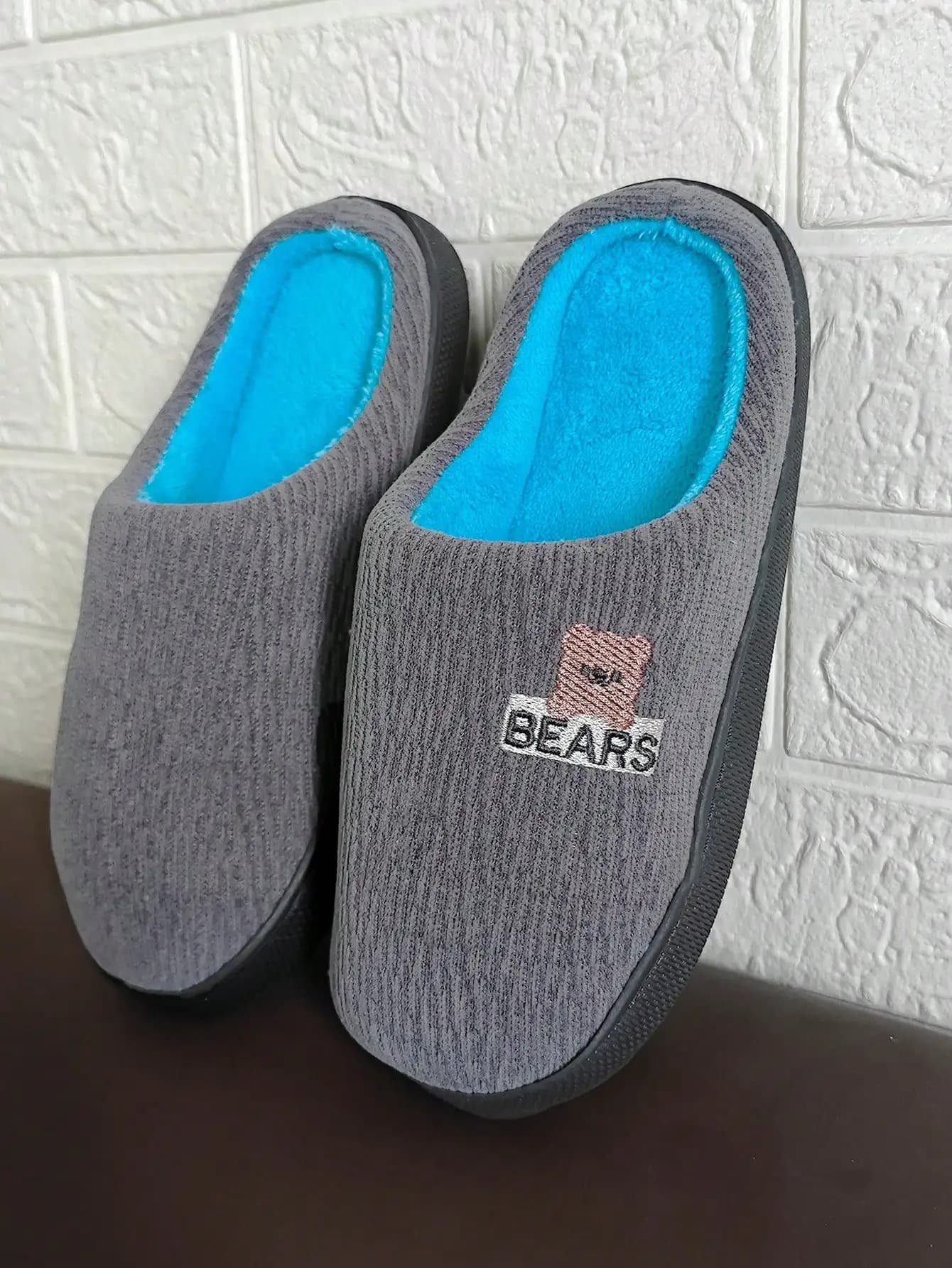 Autumn Winter Solid Corduroy Bear Letter Embroidered Plush Slippers Warm Anti Slip Unisex Household Closed Toe Indoor Home Shoes