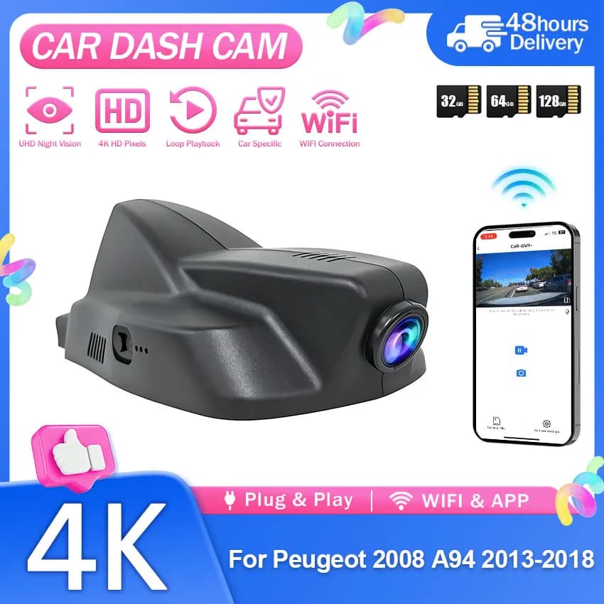 WiFi 4K 2160P Dash Cam For Peugeot 2008 A94 2013-2018 APP WiFi Control HD Night Vision Plug and Play