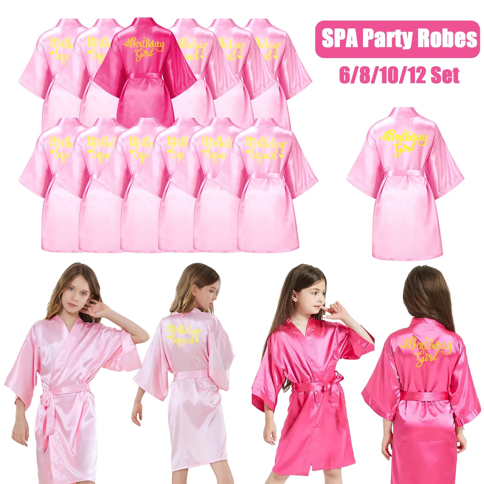 6-12 pieces Spa Girls Party Birthday Squad Robes Girl Kimono Spa Robe Pigiama Bomboniere Soft satin bathrobe for kid's birthday decoration