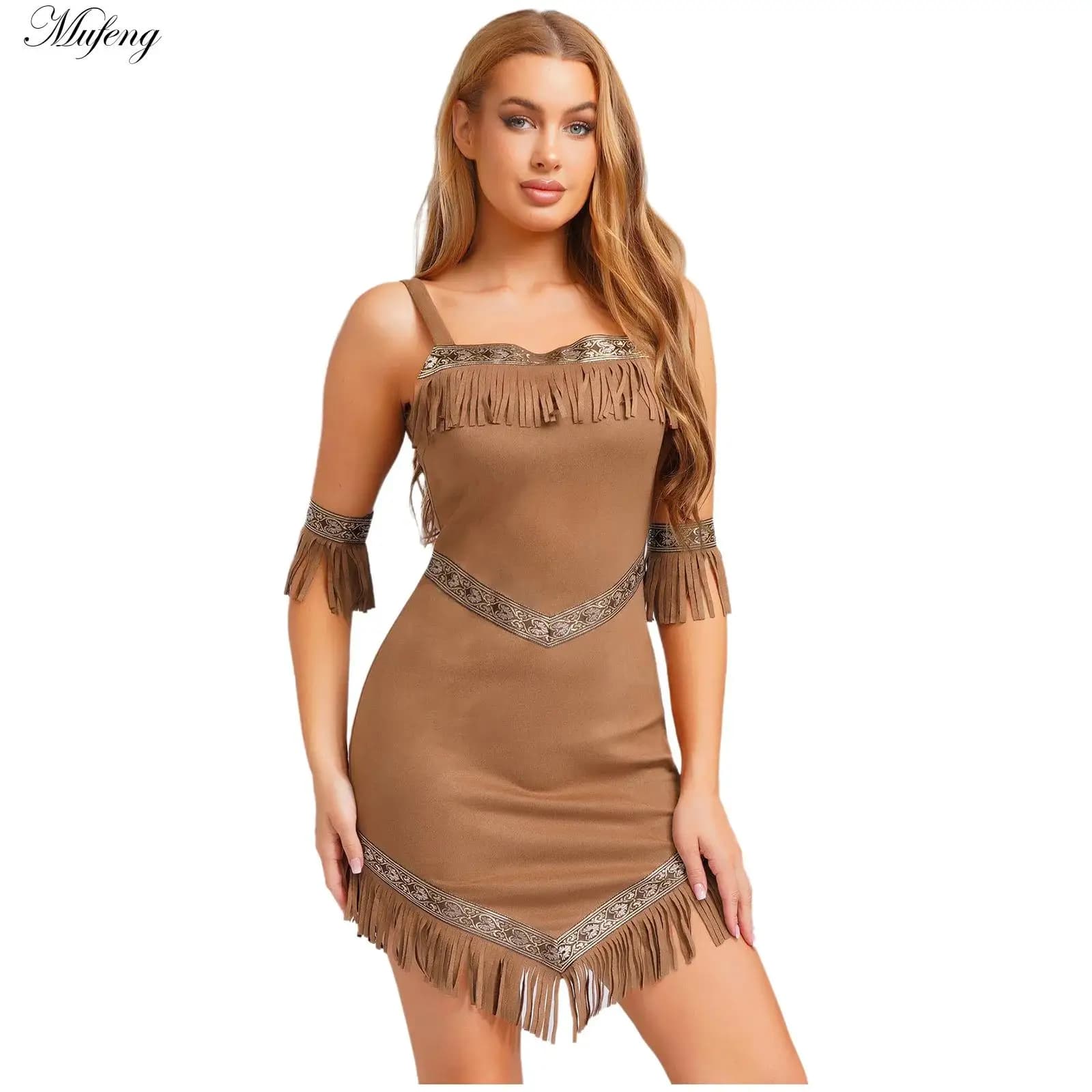 Women's native Indian princess costume 2 pieces Fake leather dress suede Halloween Cosplay Pocahontas Caveman Savage Princess Dress with fringe