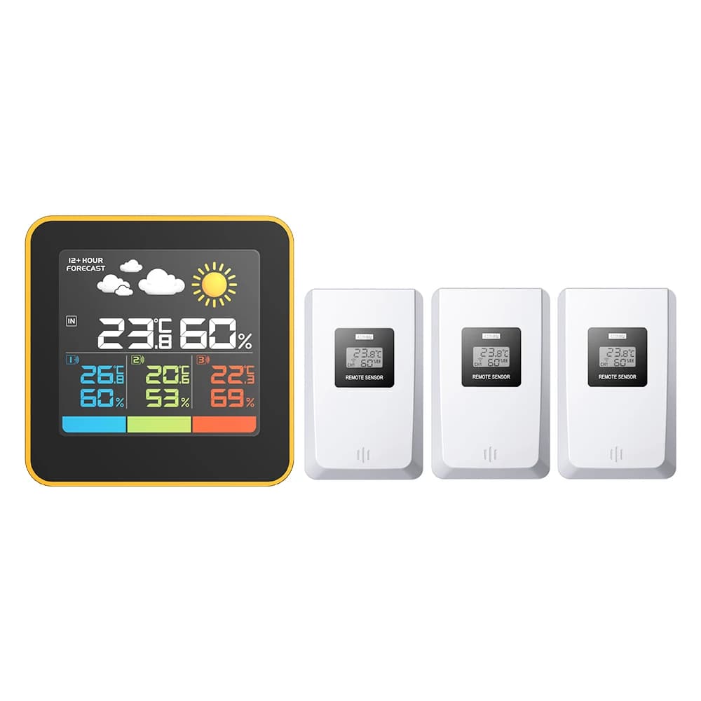 Colour LCD Multi-zone Weather Station Indoor/Outdoor Temperature Humidity Monitor Wireless Weather Forecast 3 Remote Sensor 100M