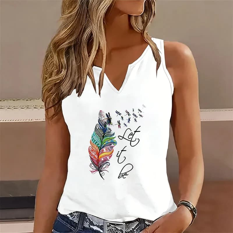 Canotta Senza Maniche con Scollo a V, Casual e alla Moda, Colorata con Stampa 'Let It Be Leaf', T-Shirt da Donna a Maniche Corte
