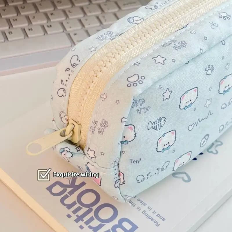Simpatico gatto a lisca di pesce stampato Astuccio per penne portatile di grande capacità Astuccio per cancelleria Borsa di stoccaggio multifunzione
