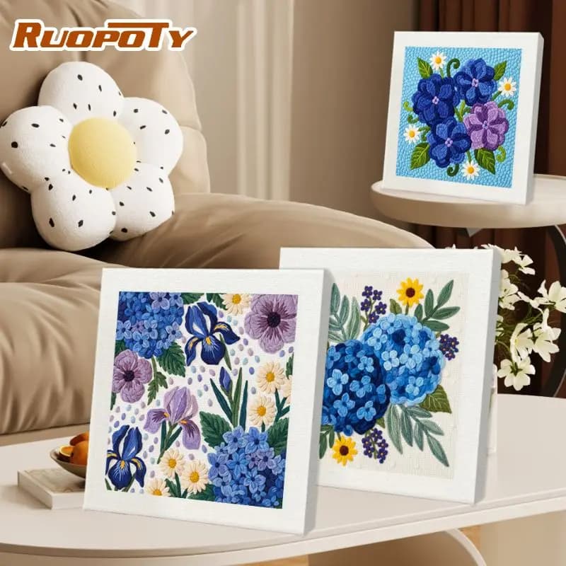 RUOPOTY Blue Flower Punch Needle Frame Home Decor Gift Hobby Kits Flower Hand Embroidery Supplies DIY Fun Crafts For Adults