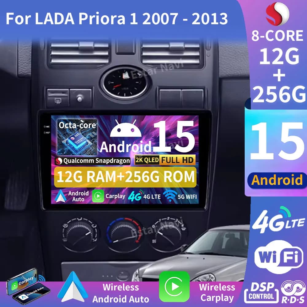 Autoradio Android 15 con Carplay Wireless per LADA Priora 1 2007-2013, Lettore Multimediale Video, Navigatore 4G, Stereo 2 DIN, BT, DSP