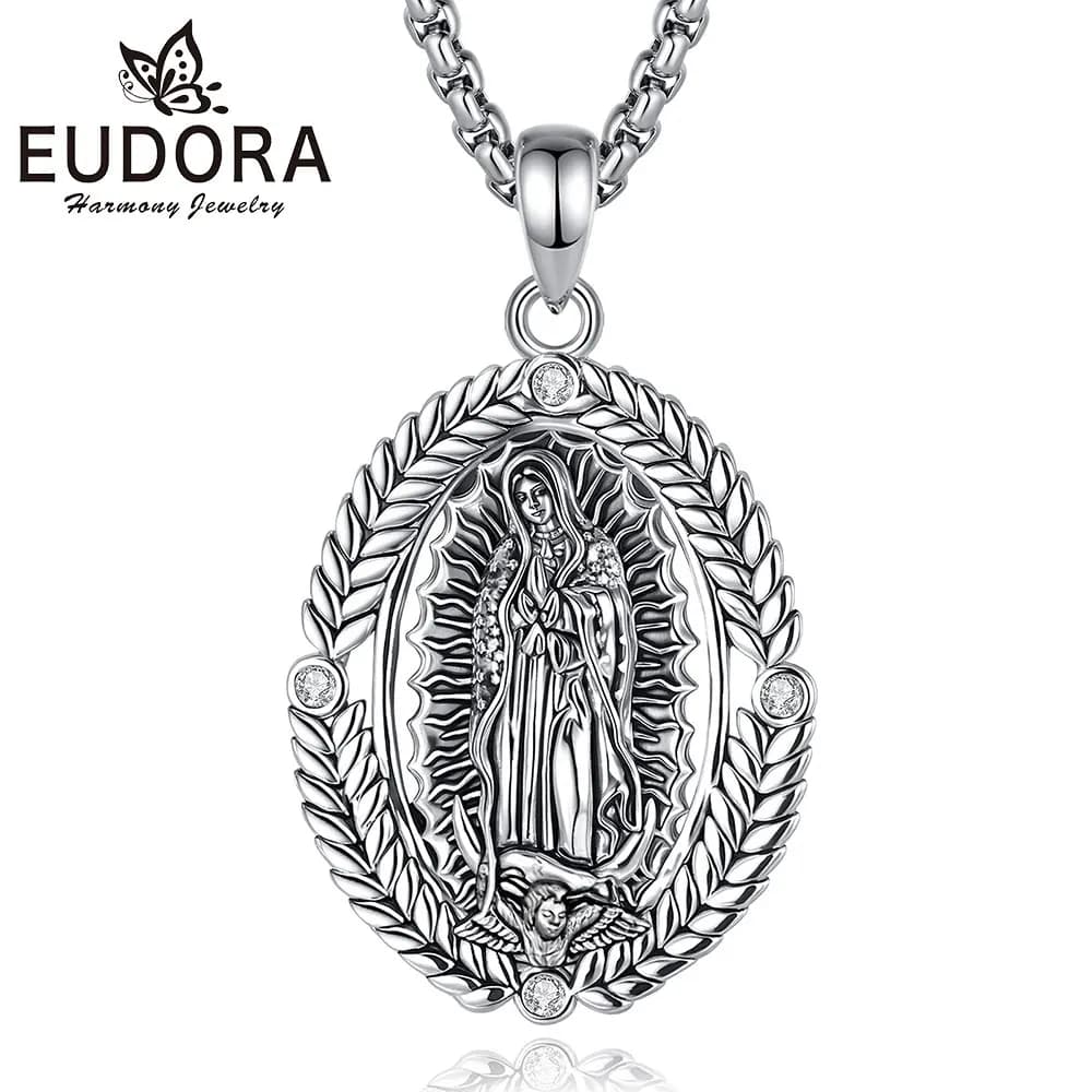 Eudora Collana in rame Vergine Maria Madre di Dio Medaglione Ciondolo in zircone Gioielli cristiani Regalo religioso per donna Uomo