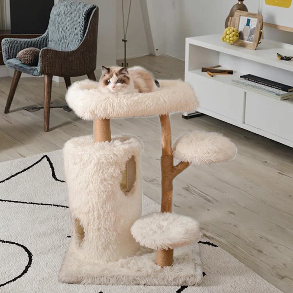 Torre per Gatti in Legno Massello Moderna Personalizzata, Salvaspazio, con Piattaforma Salta-Piattaforma Multilivello Integrata e Tiragraffi in Sisal