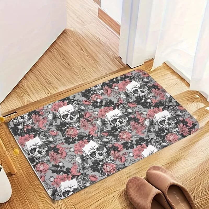 1PC Halloween Teschio Fiori Tappeto da cucina Tappetino antiscivolo Tappetino da bagno design pop Tappetino da bagno Tappeto per la casa Lavandino Lavanderia Decor