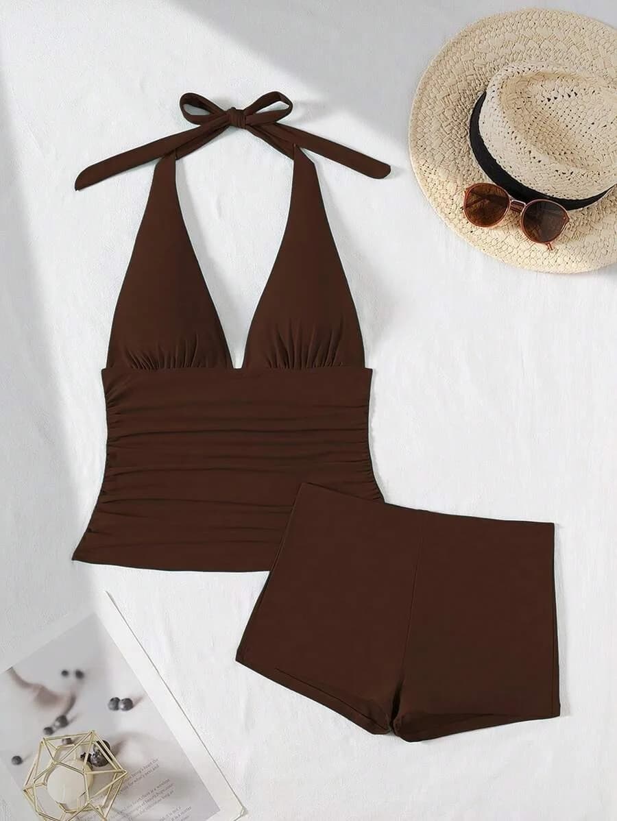 Y2K Solid Two Piece Outfit Women Deep V Halter Self Back Slim Cami Top High Waist Shorts Street Loungewear Sexy Spice Girl Set