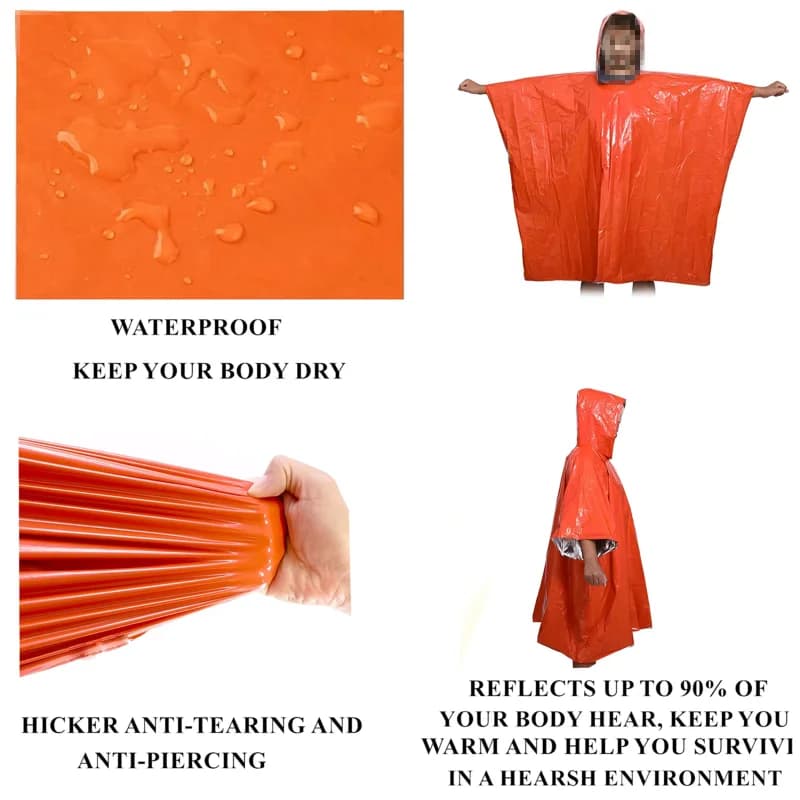 Waterproof Emergency Survival Rain Poncho with Thermal Heat Reflective Liner, Portable Space Blanket Raincoat, Lightweight Outdo