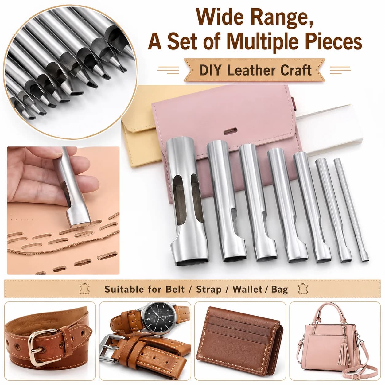 Stainless Steel Oval Leather Punch Set 5Pcs 1.5 to 9mm Hole Perforator for DIY Bags Shoes Belts Leather Craft Hand Tool Kit Set