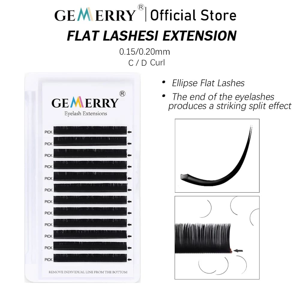 Extension Ellipse GEMERRY flat eyelashes for professional eyelashes, split tip, 0.15 silk soft bristles, eyelash makeup accessories.