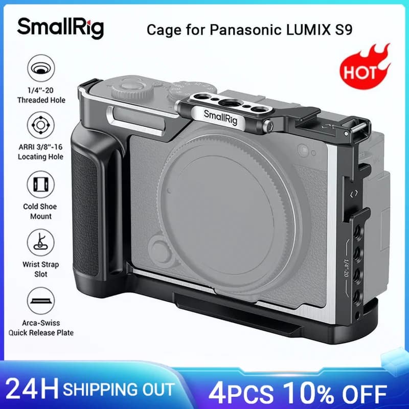 SmallRig camera cage S9 for Panasonic LUMIX S9, with wooden handle and quick release plate Arca-Swiss for tripod type Arca -4515