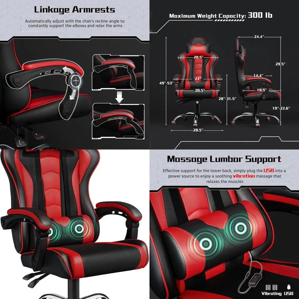 Sedia ergonomica da gaming e da ufficio con altezza regolabile, poggiatesta, supporto lombare massaggiante, sedile girevole - Nero/Rosso