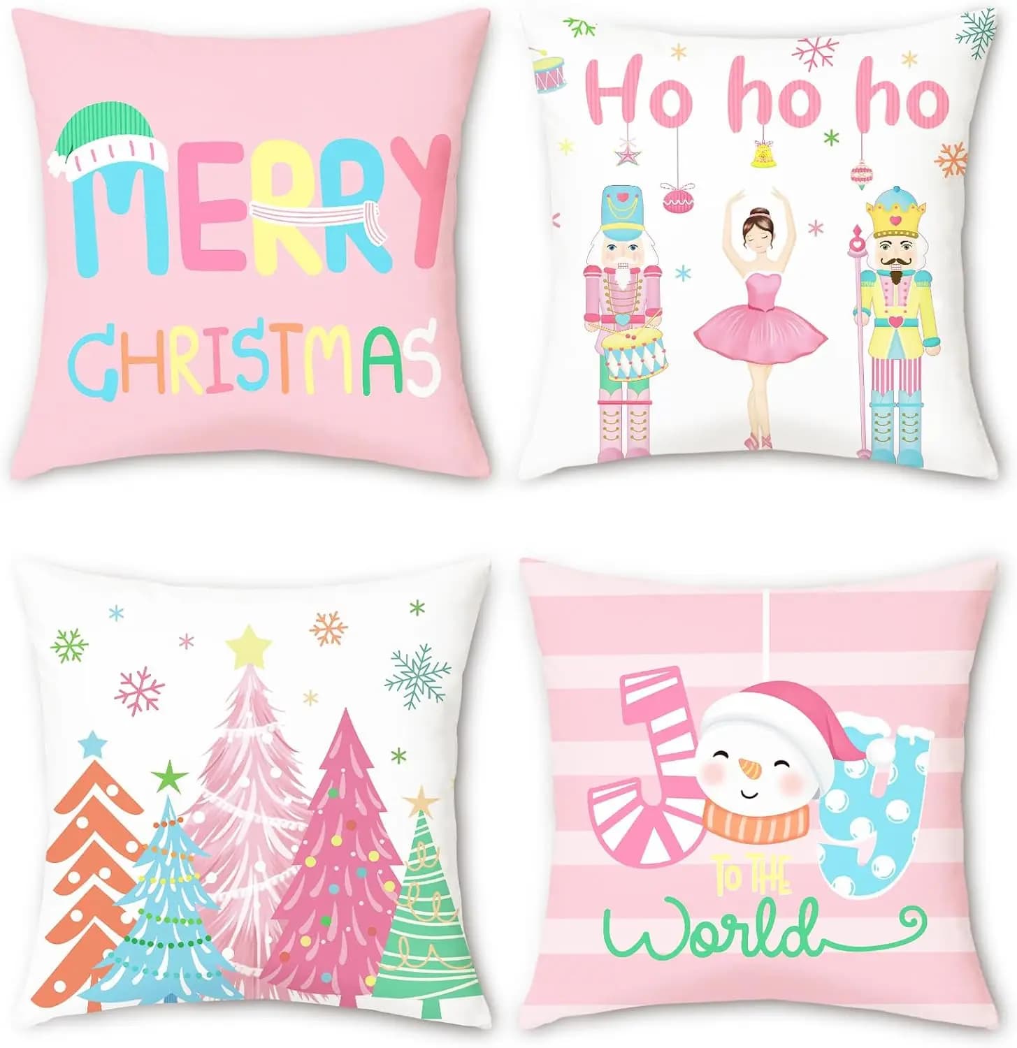 Christmas Set of 4 Double Sided Throw Pillow Covers Pink Nutcracker Tree Cushion Cases Decor Couch Sofa Home