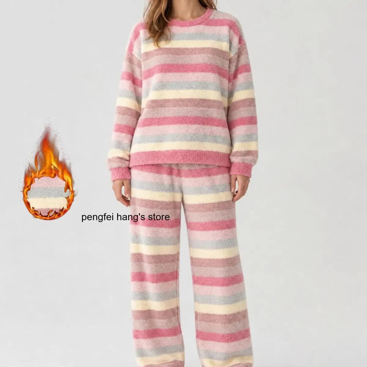 Sweet Rainbow Stripe Fleece Loungewear Set for Women Crew Neck Long Sleeve Loose Top & Pants 2-Piece Home Outfit Autumn Winter