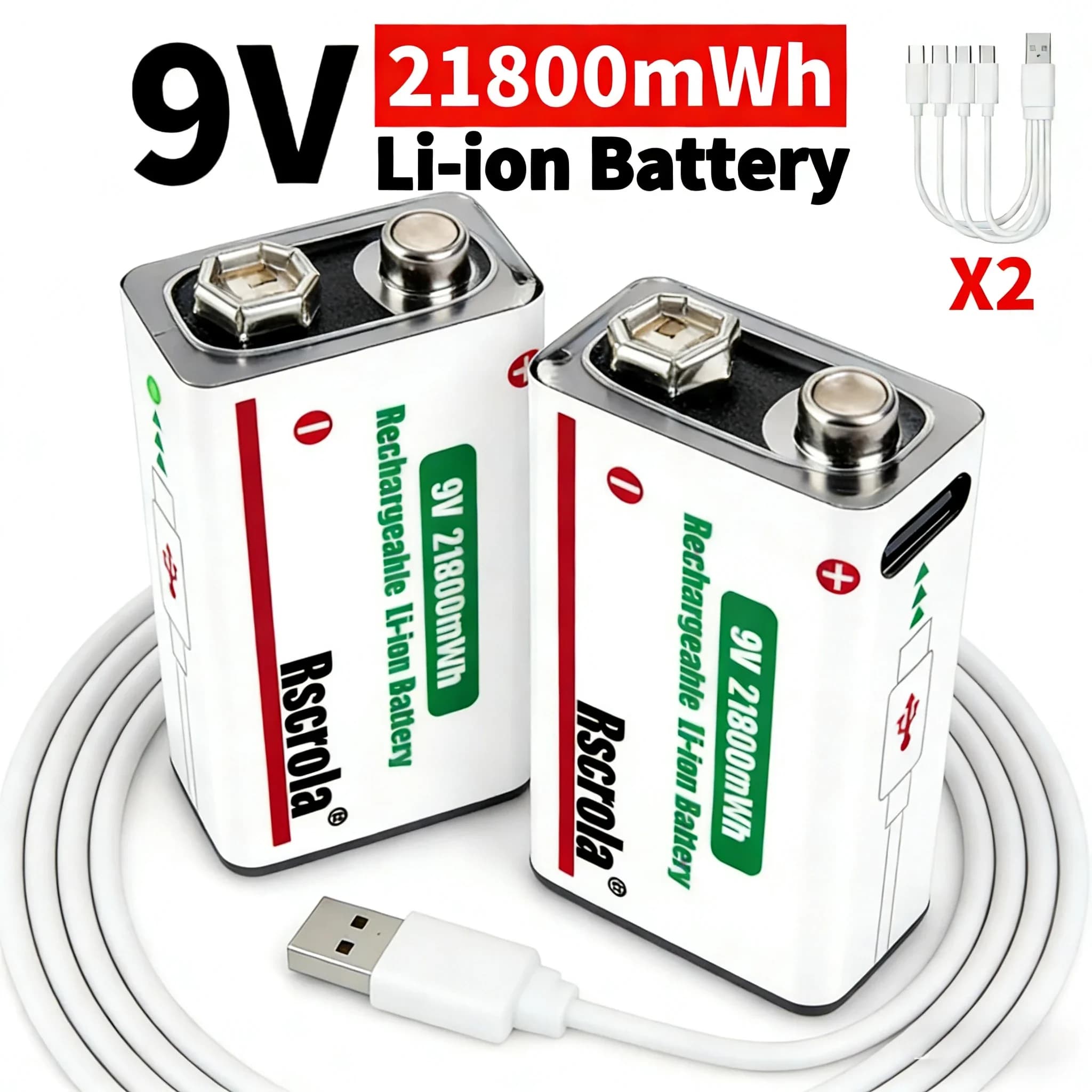 Batteria al Litio Ricaricabile 9V 21800mWh a Lunga Durata per Rilevatore di Fumo Microfono con Cavo