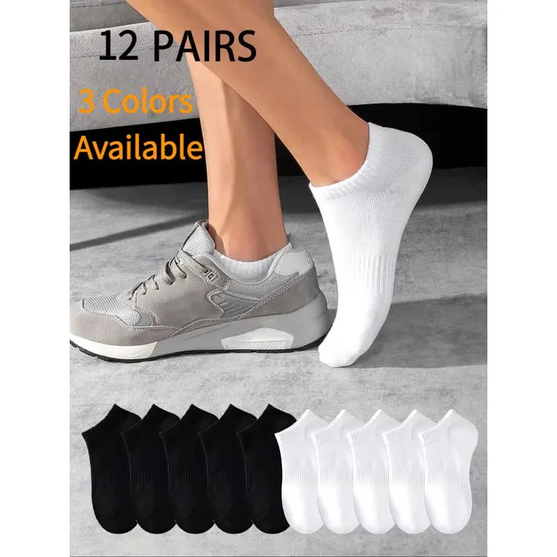 12 pairs of unisex sports socks, white and black, breathable, absorbing sweat, spring summer, for tennis, badminton, running, basketball