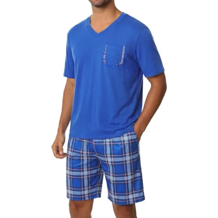 Sykooria Set pigiama da uomo in cotone, 2 pezzi, morbido abbigliamento da notte, top a maniche corte e pantaloncini a quadri con tasche
