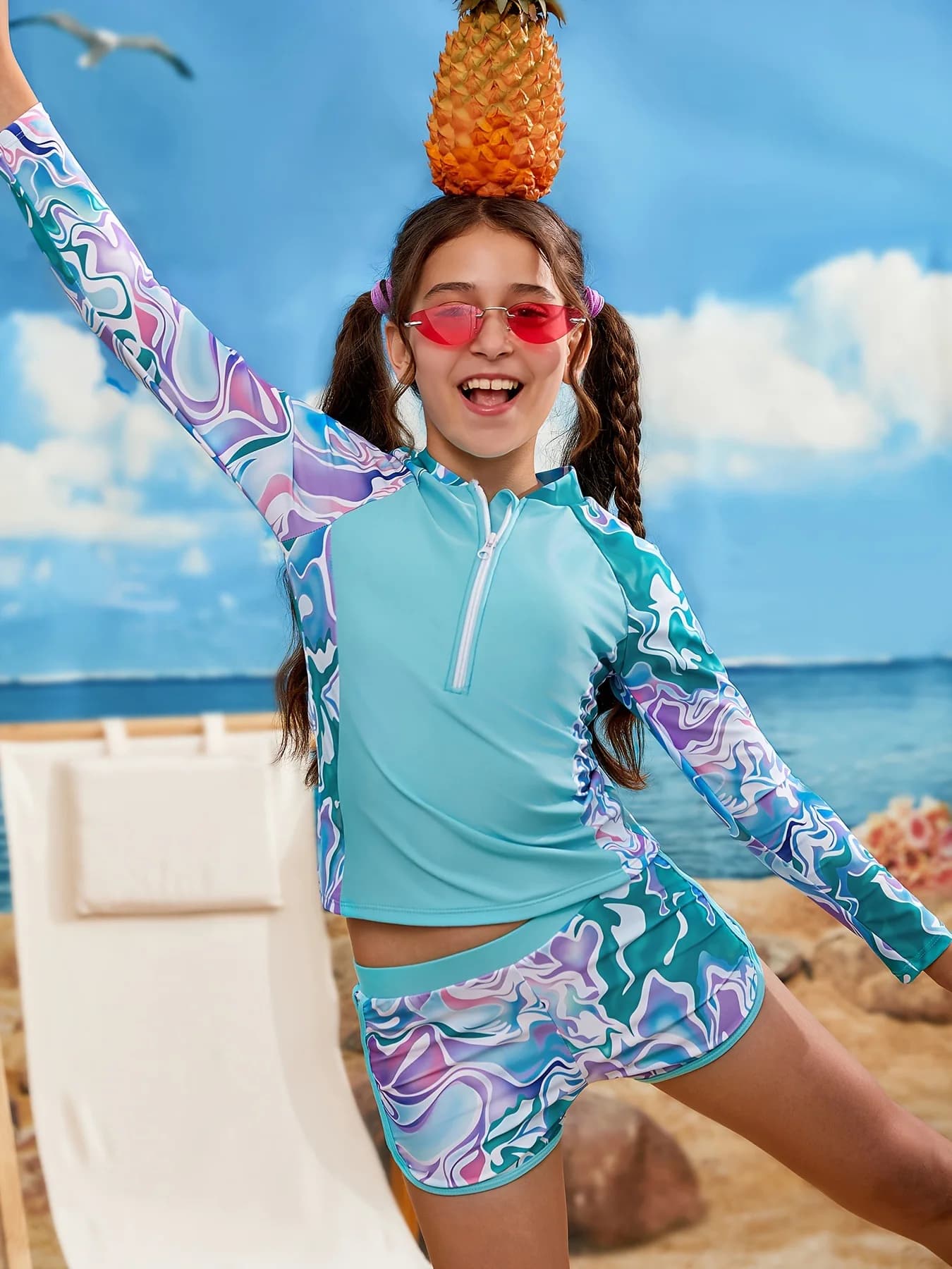 Girls Long Sleeve Swimsuit Two Piece Nylon Dive Skin Children Swimwear with Swim Cap Rash Guard UPF 50+ Beachwear Bathing Suit