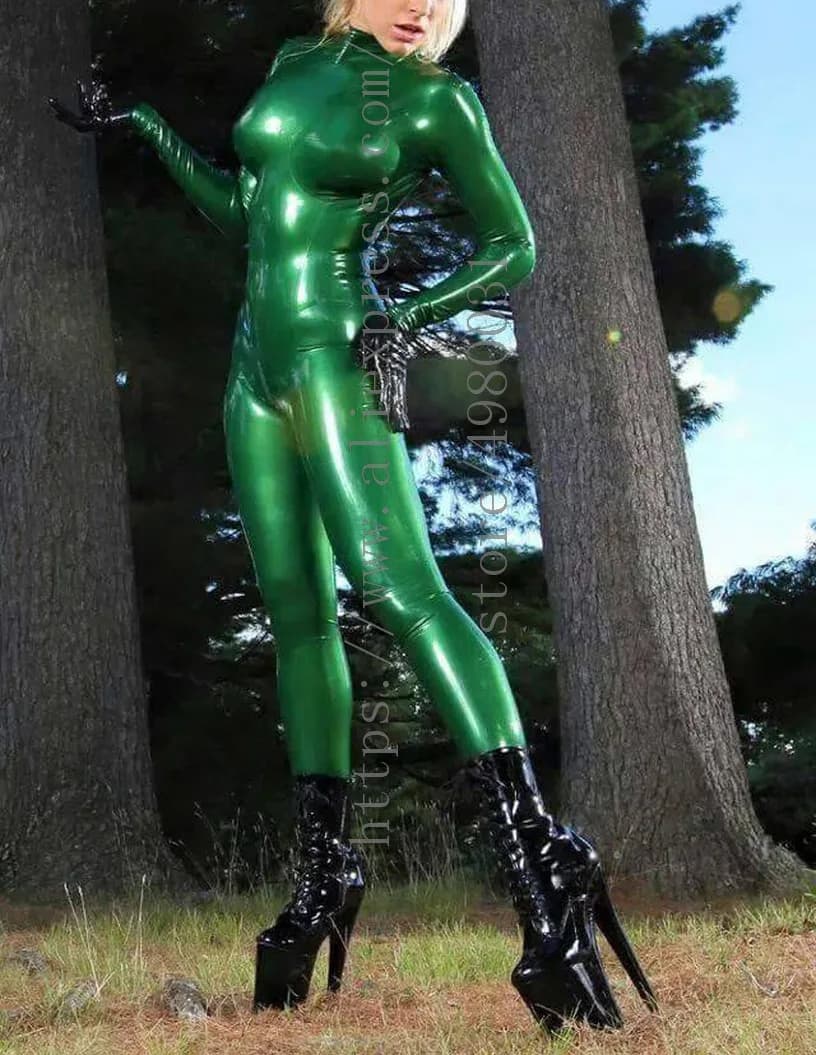 Catsuit da donna Zentai in lattice verde metallizzato con calzini e guanti separati