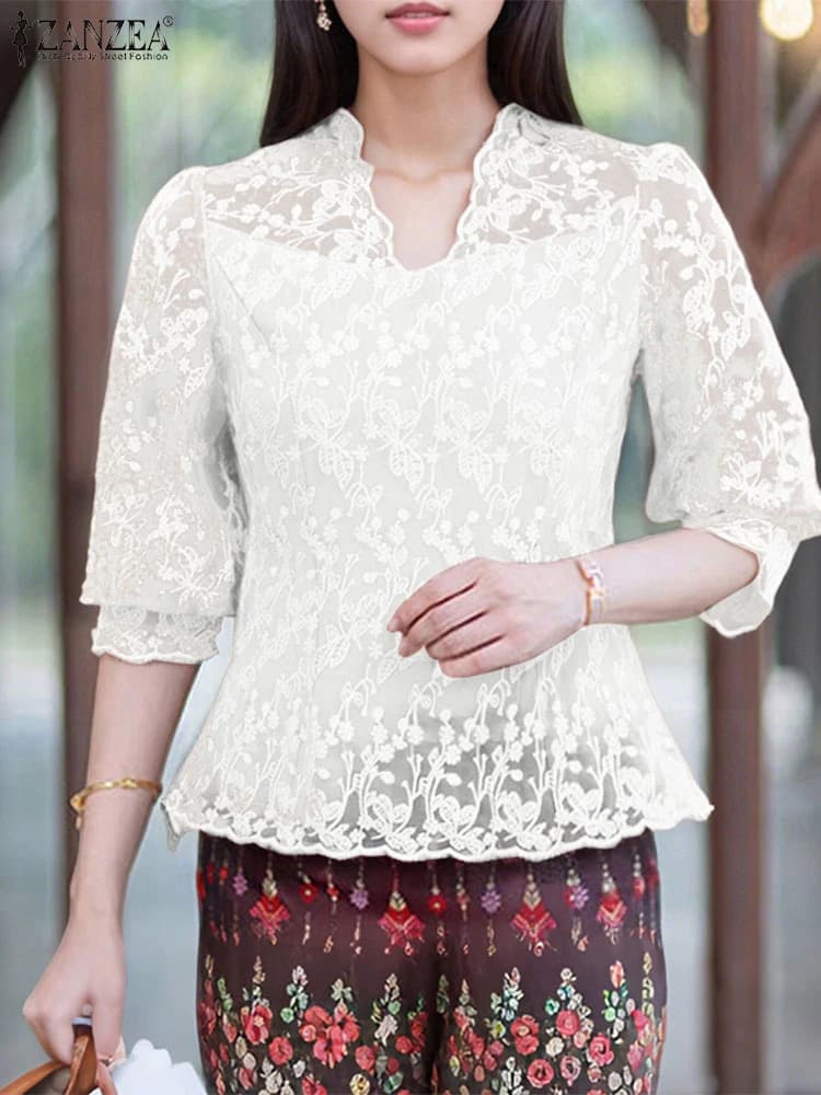 Camicette da donna eleganti 2025 ZANZEA Camicia estiva in pizzo all'uncinetto Moda scollo a V Mezza manica Top da lavoro Ricamo casual Blusas da festa
