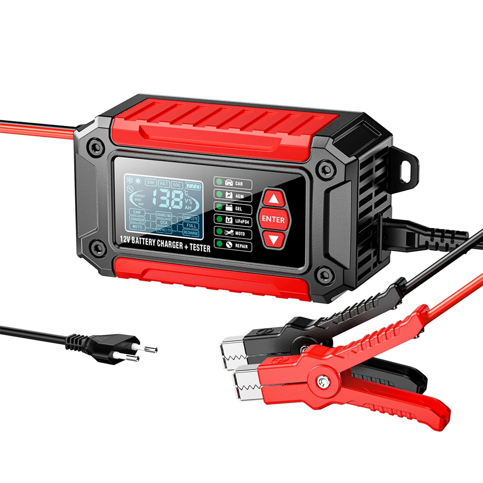 Caricabatterie e Tester 2 in 1 per Auto 12V/6A, Dispositivo Intelligente di Ricarica a Impulsi e Mantenimento Batteria Auto