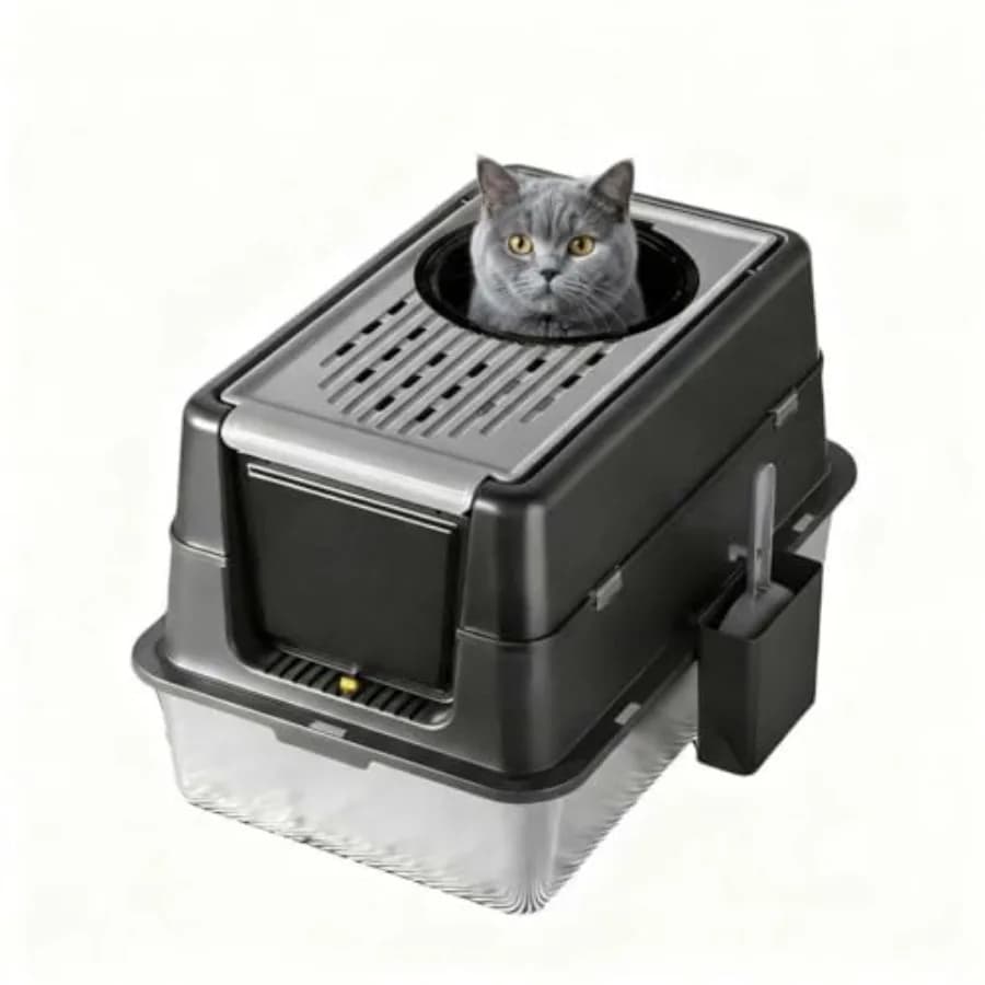Lettiera per Gatti Grande 24'' in Acciaio Inossidabile, Chiusa, con Doppio Ingresso e Coperchio Ribaltabile, Porta Anteriore e Ingresso Superiore per E
