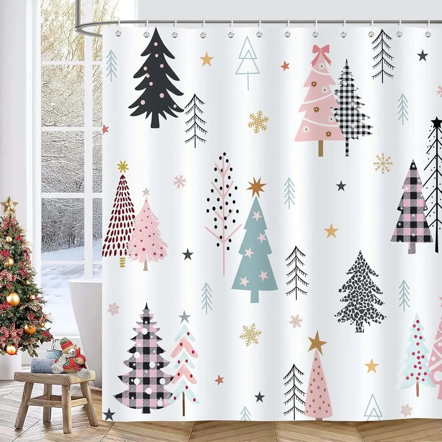 Tenda da doccia per albero di Natale, rosa nero alberi di Natale stelle fiocchi di neve vacanze invernali tenda da bagno tessuto in poliestere impermeabile
