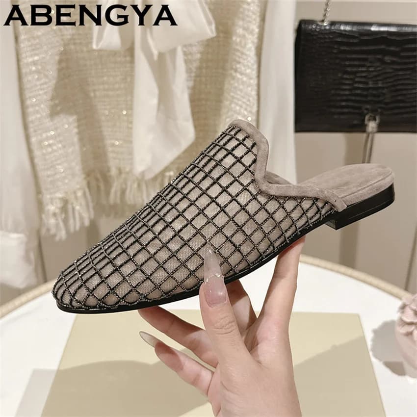 Ciabatte piatte con punta tonda in pizzo lucido per donna, mocassini con tacco basso e brillantini, scarpe estive casual alla moda da passeggio, Mujer