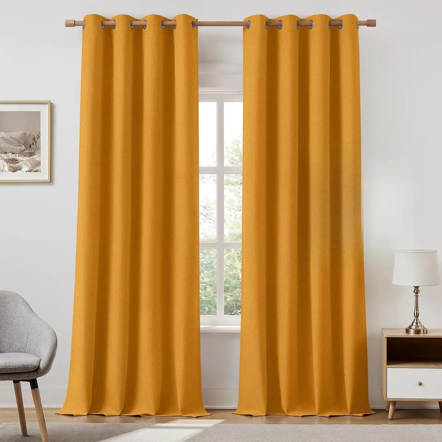 Dark Curtains Yellow Senape 52x96 Pollyci, Thermal Insulating Curtains with Bedroom Eyelets and Living Room