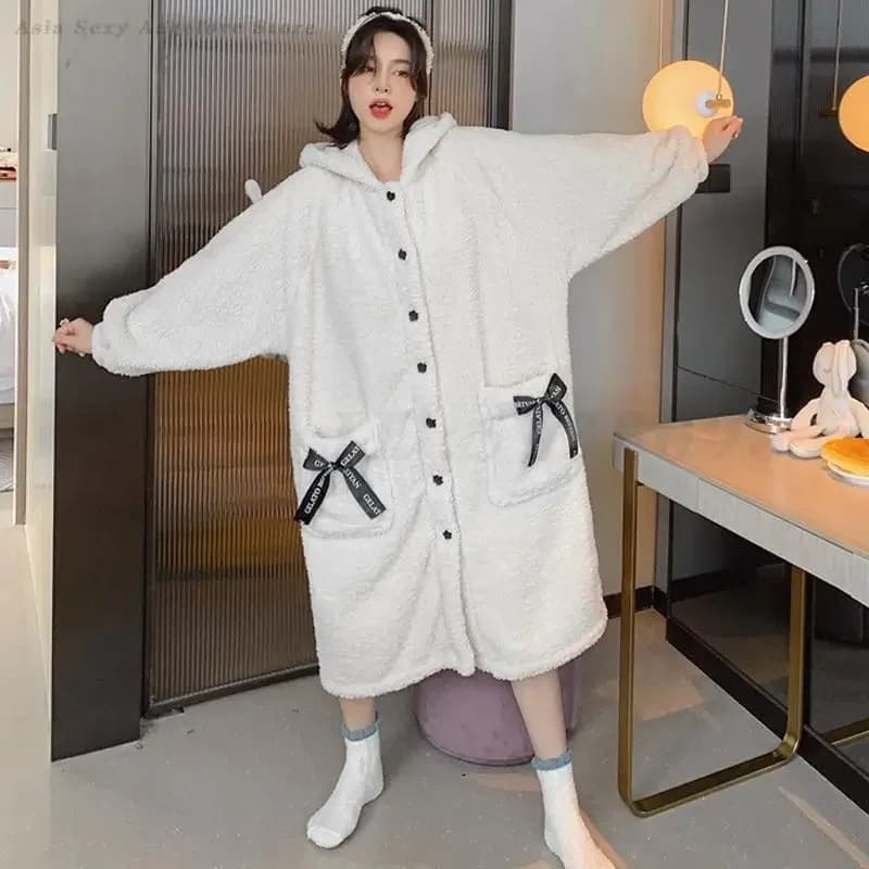 Women's Bathrobe Hooded Dress Kimono Winter Dress in Coral Fleece Thick Night Shirt Nightwear Long nightdress in flannel winter Homewear