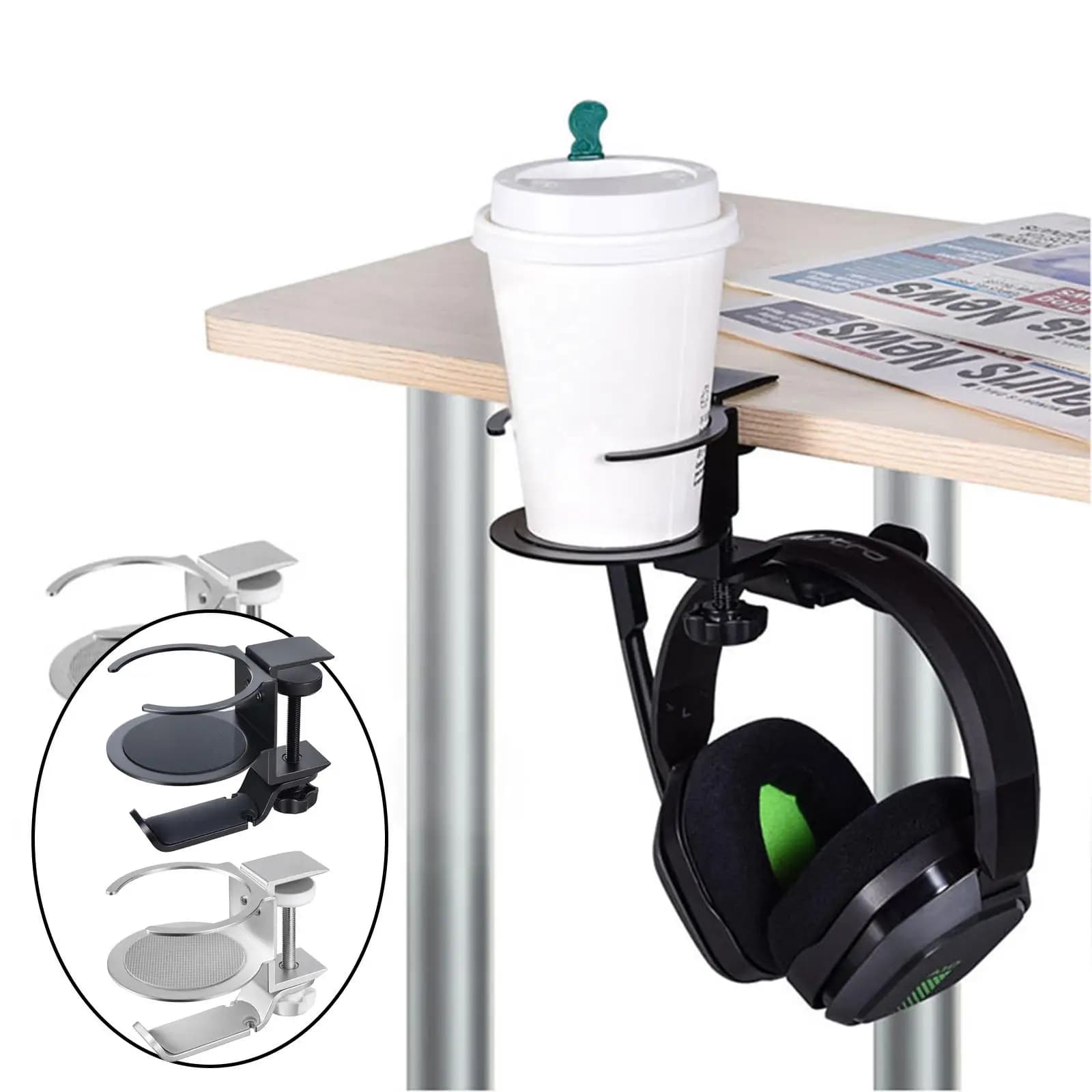 PC gaming headphone stand with cup holder and cable clip