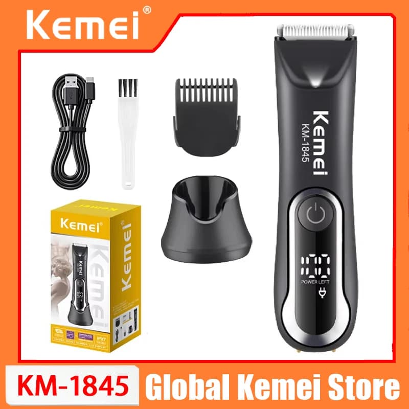 Kemei KM-1845 Regolabarba Elettrico da Uomo per Peli Pubici, Impermeabile, Kit per la Cura del Corpo, Rasoio con Lama in Ceramica