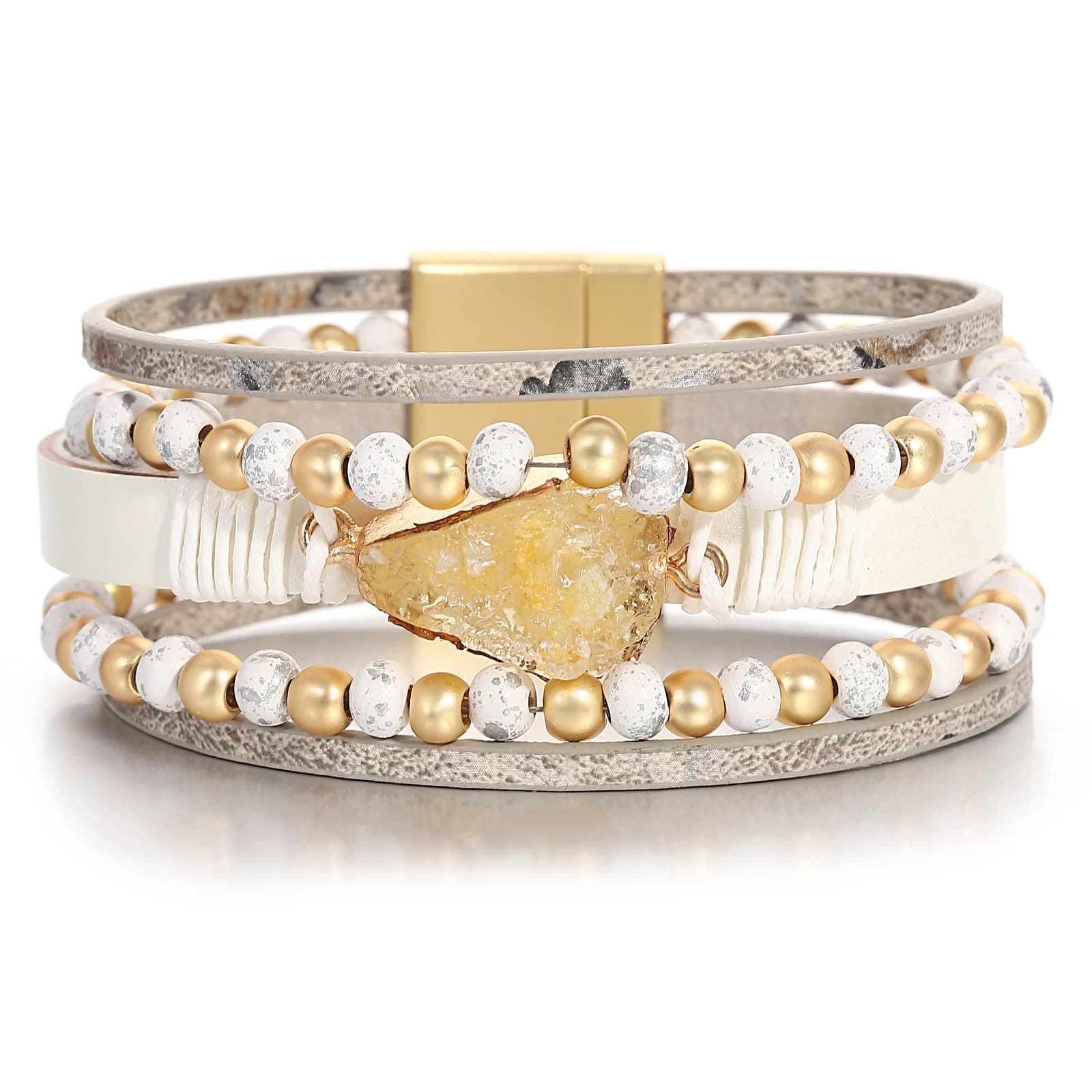 Amorcome Boho Vintage Wrap Wide Bracelet for Women Trendy Crystal Stone Charm Multilayer Beaded Leather Bracelet Summer Jewelry
