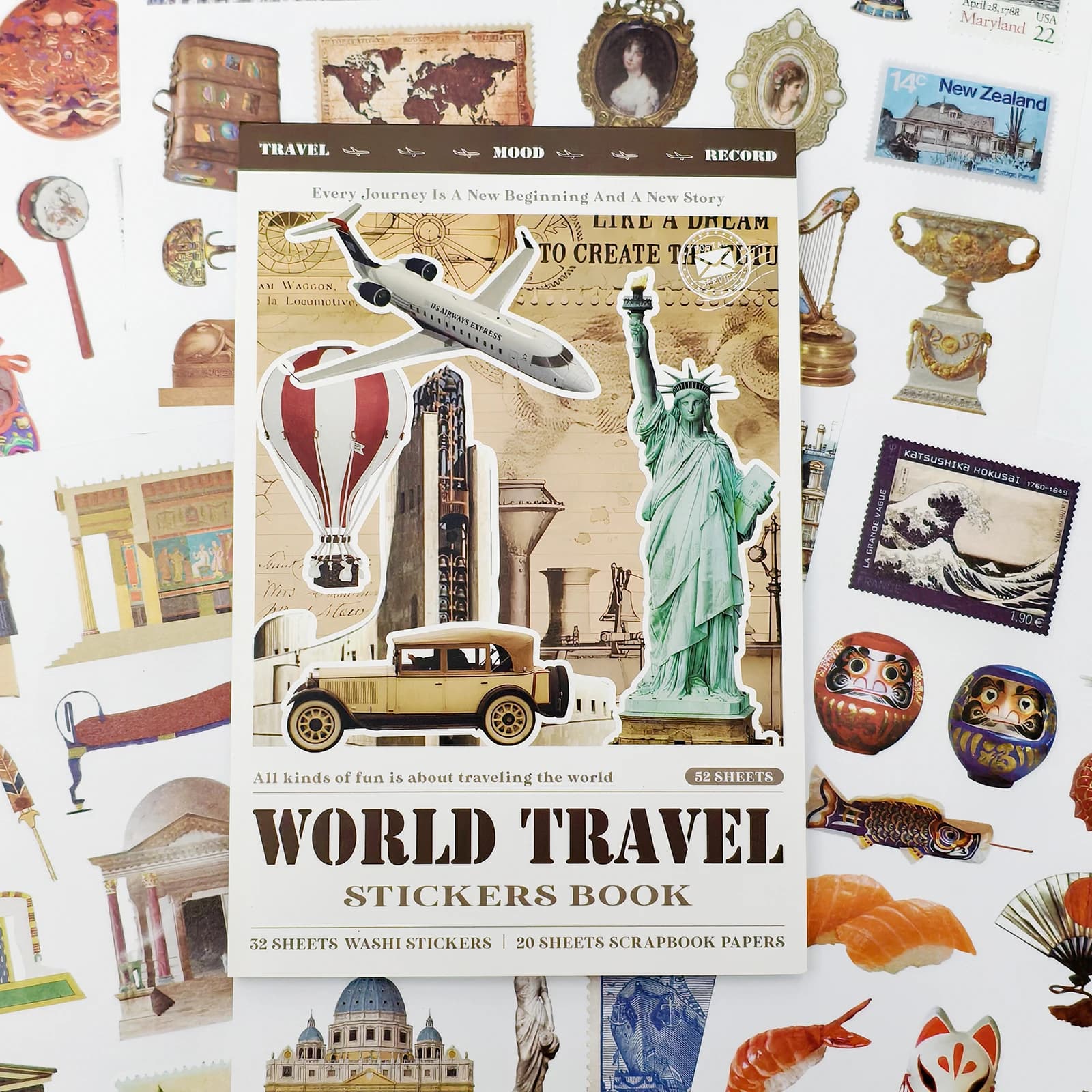 Libro di adesivi a tema viaggio 32 fogli di adesivi Washi e 20 fogli di carta per album per scrapbooking, diario spazzatura, pianificatore estetico