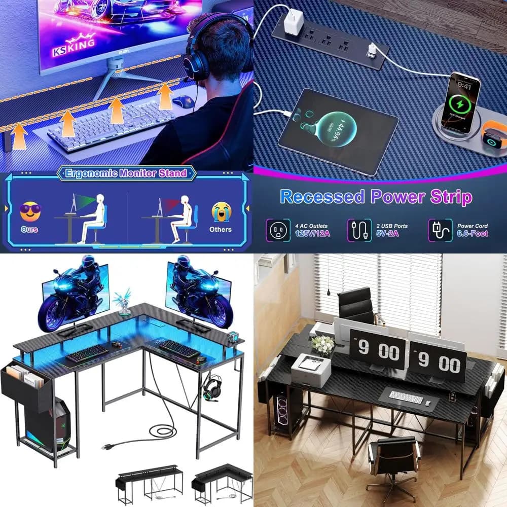 Scrivania da Gaming a L: 53 Pollici in Fibra di Carbonio Nera, con Prese di Corrente, Luci LED, Supporto Monitor e Spazio di Archiviazione per Ufficio Domestico o Camera da Letto