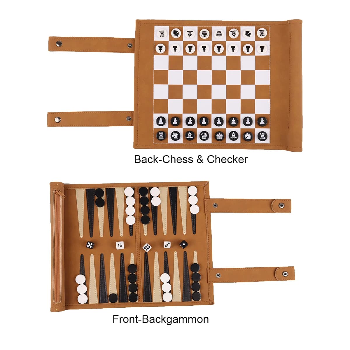PU Leather Board Game Set 3-in-1 Roll-Up Backgammon Chess Checkers Portable Travel Game with Storage Bag