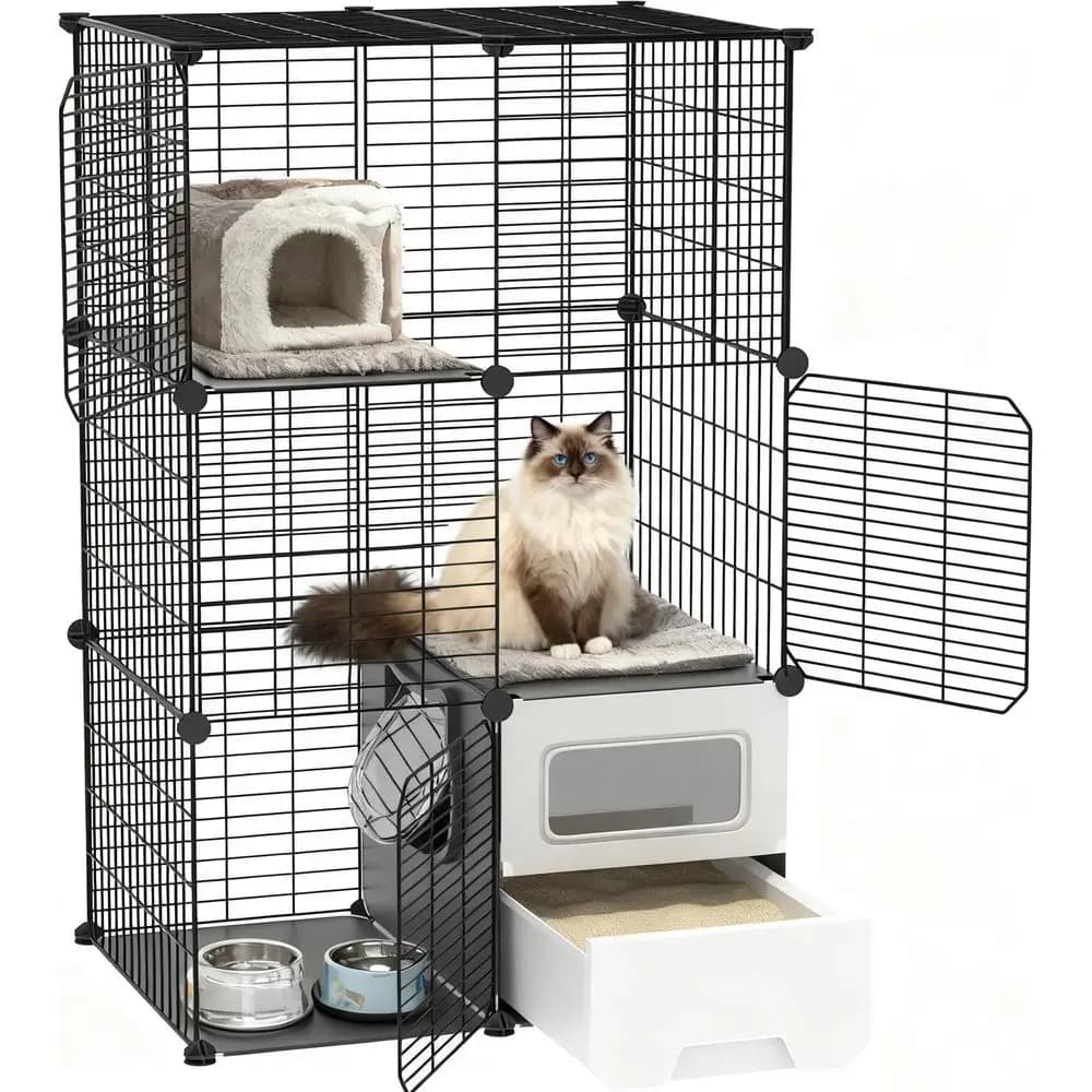 Gabbia per gatti da interno con lettiera Cassa per gatti fai-da-te a 3 livelli Cassetta per cuccia in filo metallico staccabile Grande luogo di esercizi Ideale o gattino