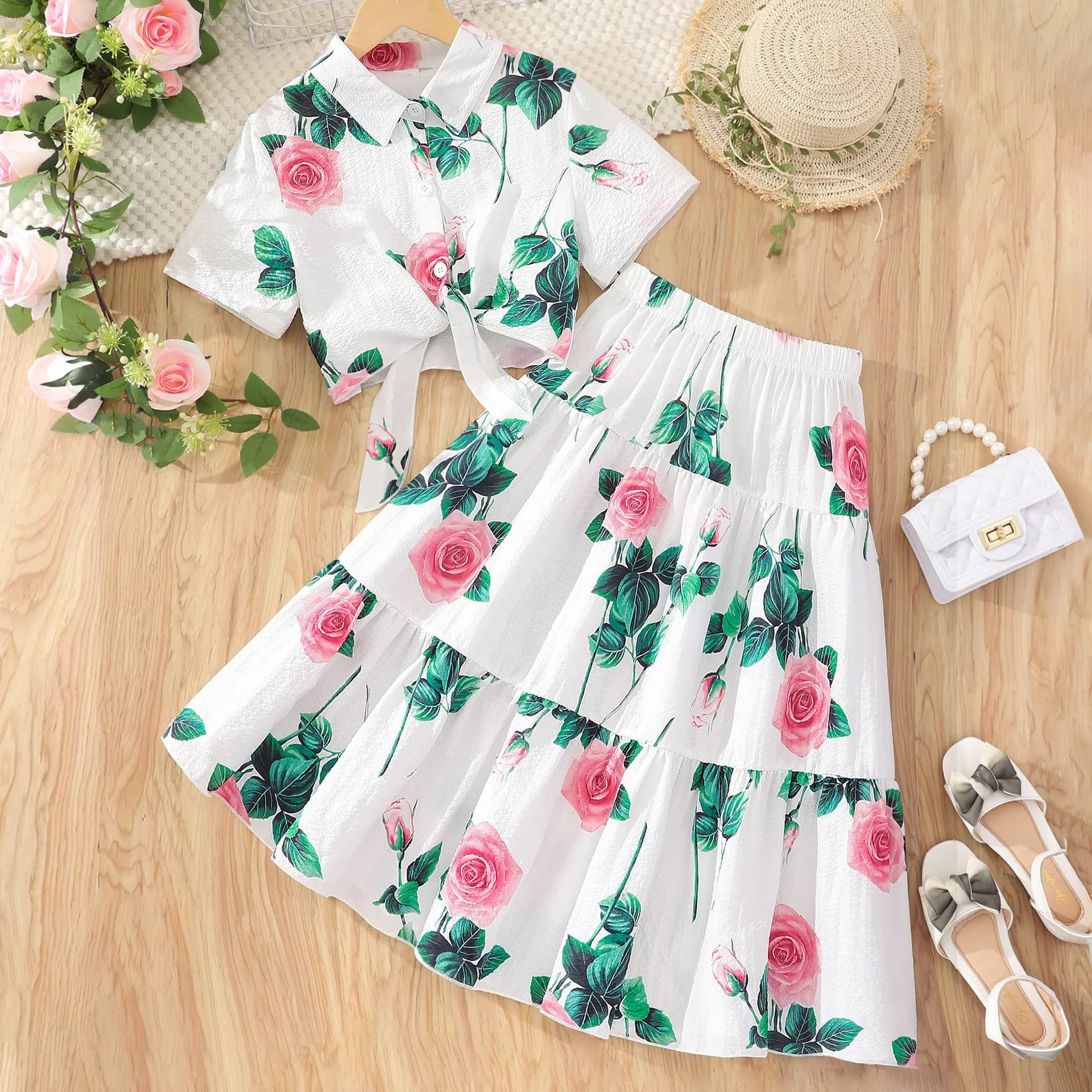 Girls 2 Piece Outfit Set Rose Floral Print Short Sleeve Lapel Tie‑Up Shirt + Tiered Skirt Summer Casual Kids Girls Clothing Set