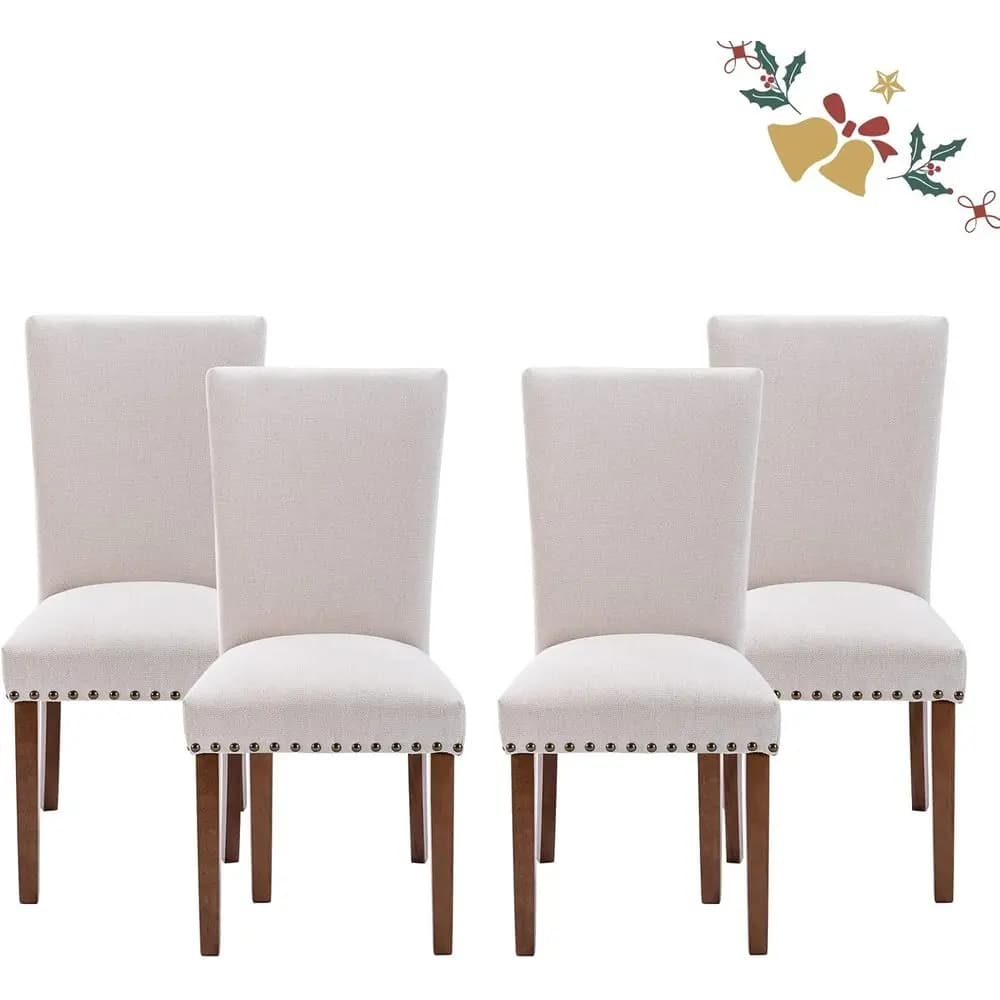 Set of 4 padded dining chairs with thick cushions, wooden legs, beige