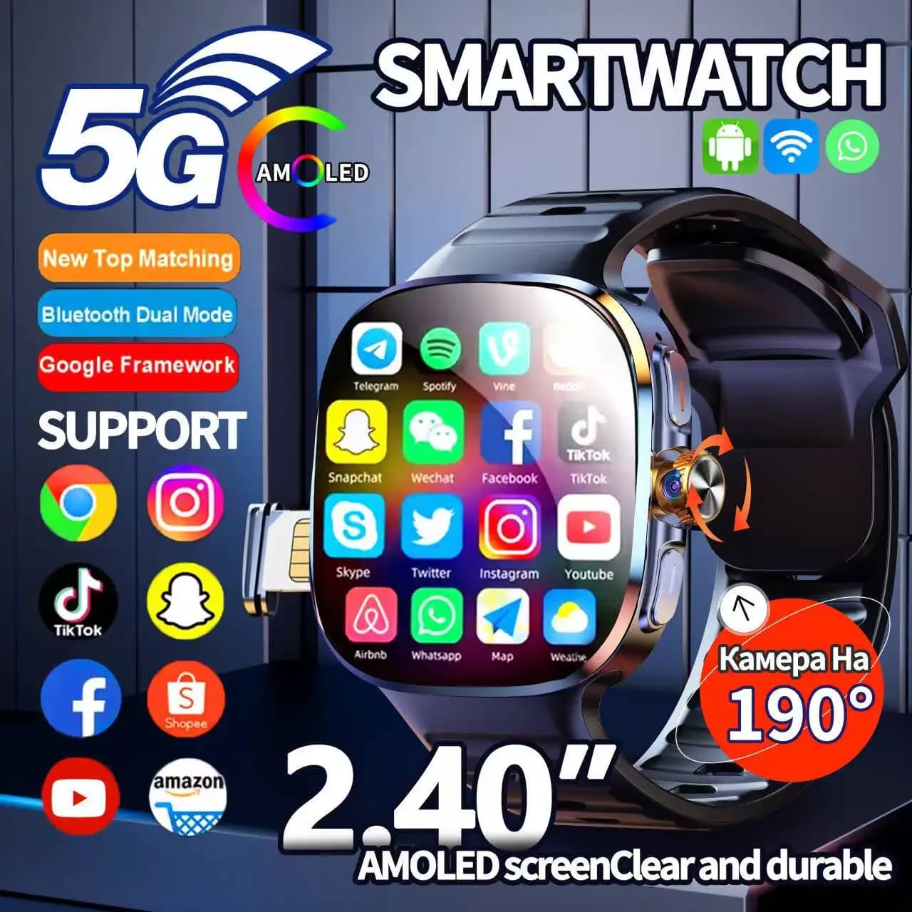 Smartwatch Xiaomi 5G 2026 with Full Network, Large Screen 2.40 Inch HD, Video Call, RAM 2100mAh, Google Play, WIFI, GPS, Slot SIM