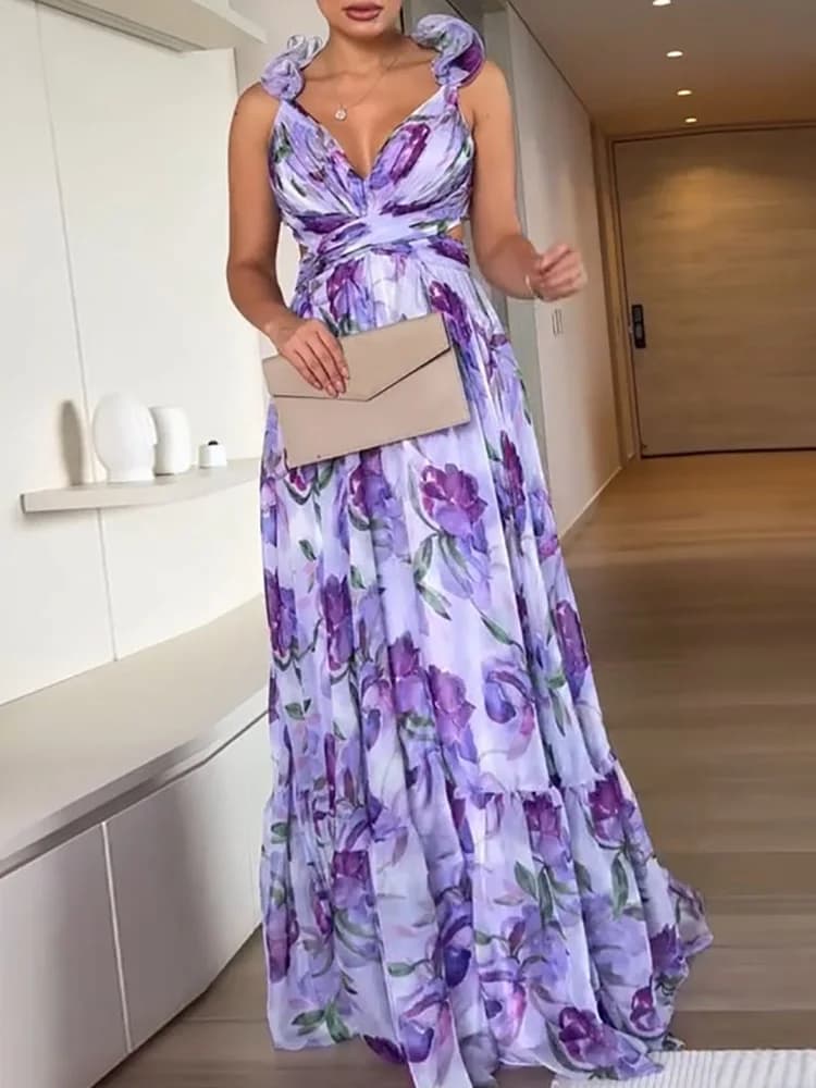 Abito lungo casual senza maniche da donna estivo, abito da festa semplice chic patchwork con stampa, abito da donna senza schienale con scollo a V 2025 Vestido